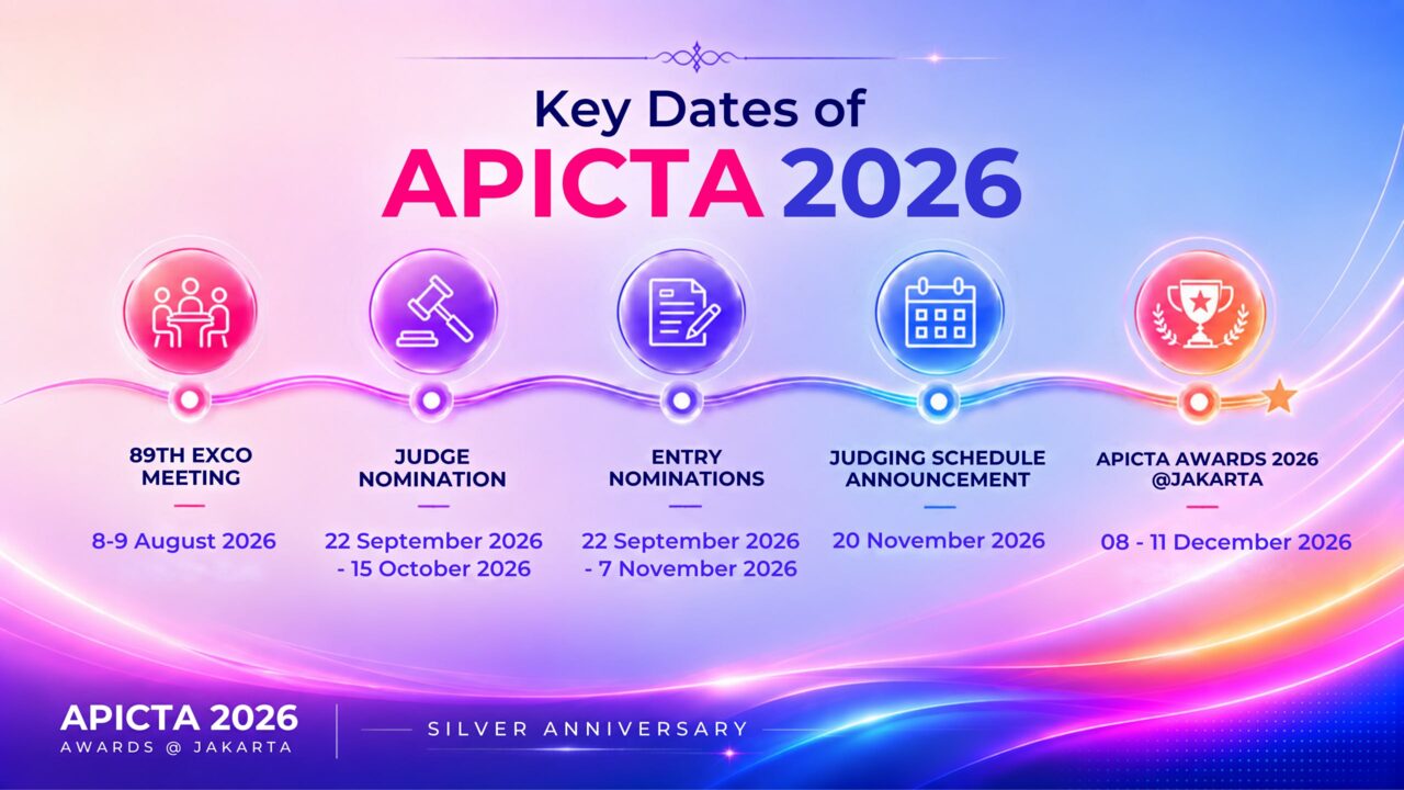 Key dates of APICTA 2026: 89th EXCO Meeting, 8 – 9 August 2026; Judge Nomination, 22 Sept – 15 Oct 2026; Entry Nomination, 22 Sept – 7 Nov 2026; Judging Schedule Announcement, 20 November 2026; APICTA Awards 2026 · Jakarta, 8 – 11 December 2026.