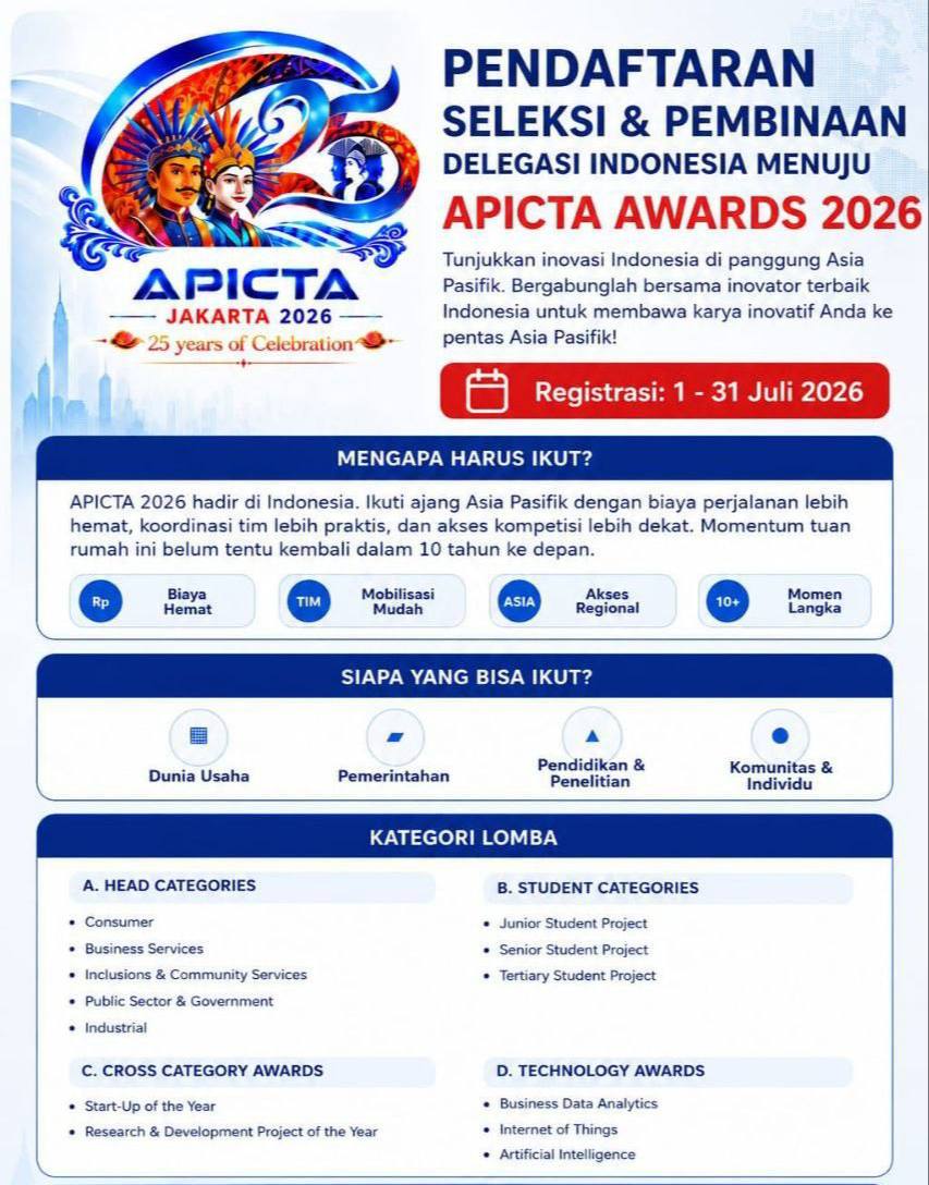 Pendaftaran Seleksi & Pembinaan Delegasi Indonesia menuju APICTA Awards 2026 — Registrasi 1–31 Juli 2026